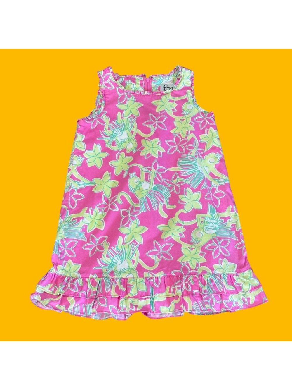 Lilly Pulitzer Girls Pink Green Floral Monkey Print Dress Size 5 Ruffle Hem Zipp